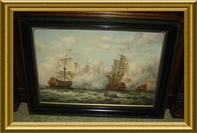 ANTIQUE SIGNED *PONTIER* LARGE GALLEONS PIRATE SHIPS BATTLE IN THE 