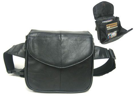 BLACK Fanny Waist Pack Genuine Lambskin Leather Belt Bag Credit Card 