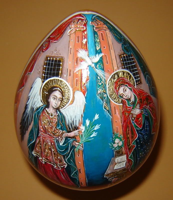 Handpainted Signed wooden Big Easter Egg Icon RARE Annunciation Angel 