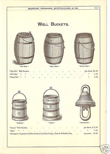WOOD WOODEN RUBBER WELL BUCKET 1888 ANTIQUE CATALOG AD  