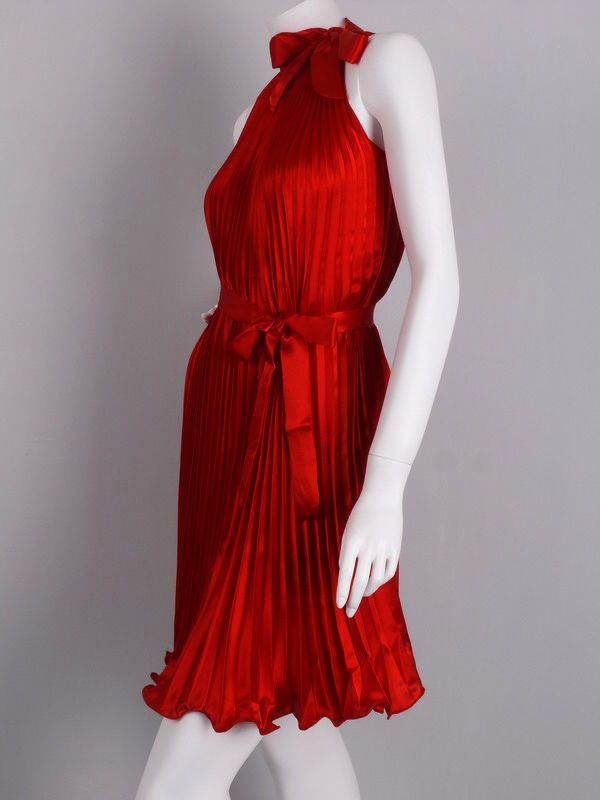 Hippie Red Tied Collar Pleated Satin Full Dress M  